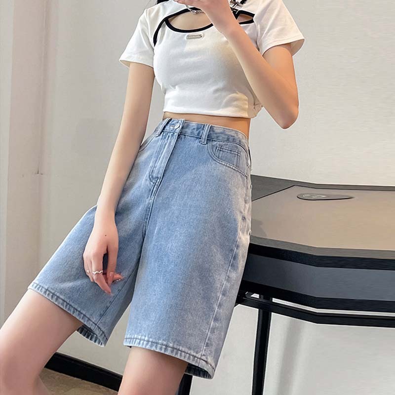 Actual shot of 2024 denim shorts for women, new design, high-waisted, 5-point mid-pants, loose, wide-leg, 5-point pants, trendy
