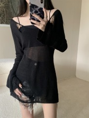 實拍  新款破洞設計感防曬長袖針織衫上衣女