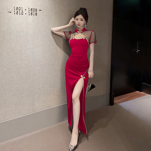 Actual shot of socialite's hollow high-waisted modified long slim-fitting slit cheongsam dress