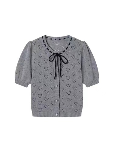 NEW EMPIRE原创设计短款上衣小个子薄爱心镂空灰色短袖针织开衫女