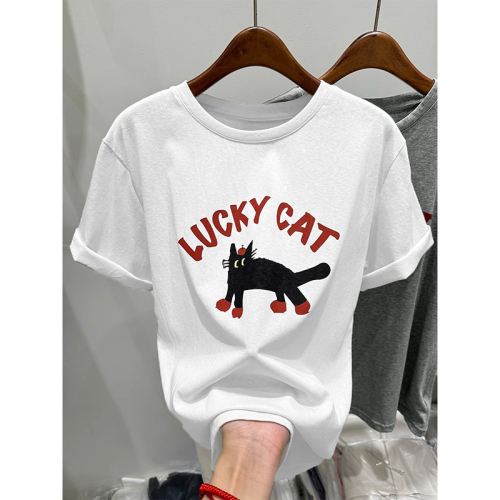 韩国东大门新款减龄卡通猫印花上衣短袖T恤女