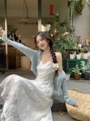 Actual shot~Korean style slimming suspender dress + cardigan