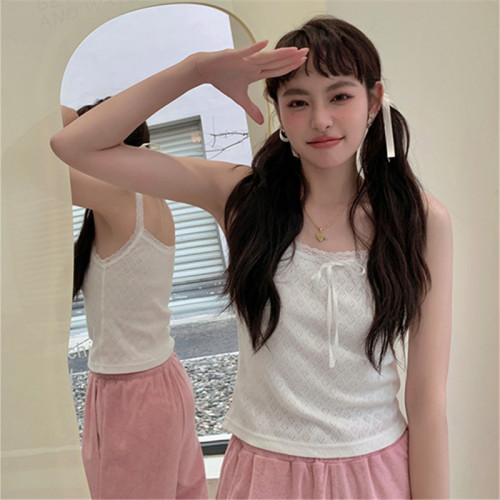 张子萱CheriZ芭蕾风短袖上衣夏季洋气时尚T恤法式镂空蕾丝吊带