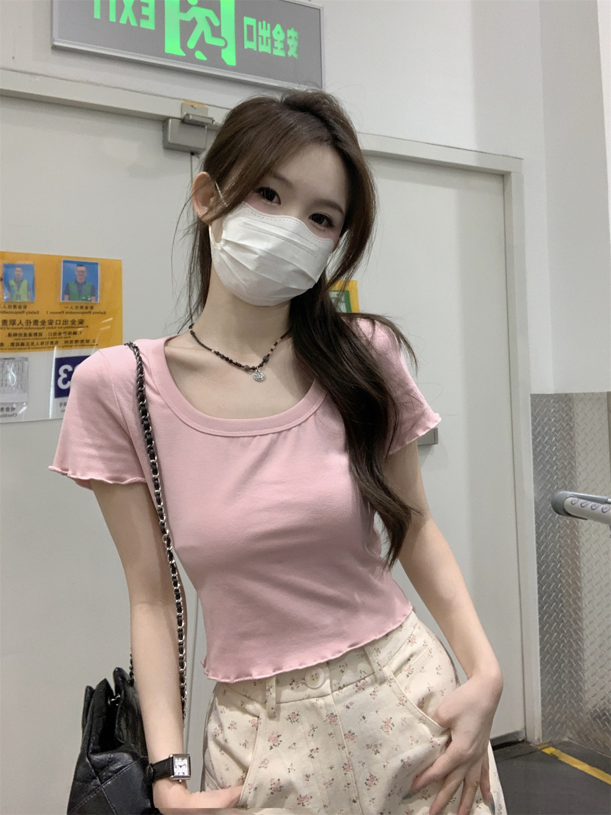 實拍 夏季韓版修身方領純欲木耳邊正肩百搭純棉短袖上衣女