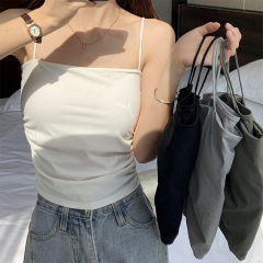實拍 夏季褶皺內搭吊帶背心女純色褶皺美背外穿上衣帶胸墊
