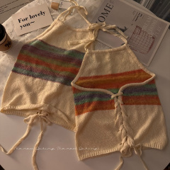 實拍彩虹撞色掛脖系帶無袖背心女夏韓版百搭短款吊帶針織上衣