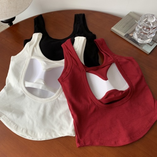 Real shot of hot girl in red, backless camisole, summer outerwear, beautiful straps, breast pads, short slimming sleeveless top