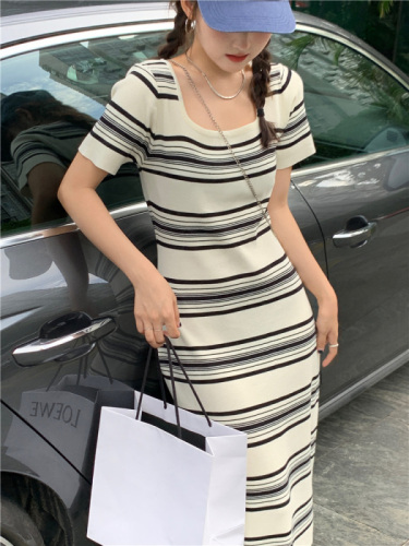 Real shot~Spring~2024 Spring Striped Knitted Dress Women's Loose Casual Mid-Length Skirt