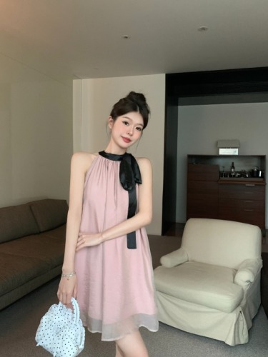 实拍 新款韩版系带挂脖无袖网纱高级感连衣裙