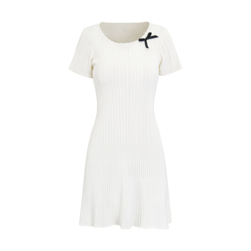Three Standards~White Knitted Dress Women's 2024 Spring Bow Slim Fit A-Line Temperament Sexy Pure Desire Skirt