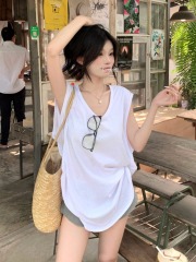 Real shot summer thin solid color T-shirt mid-length age-reducing loose casual vest for women
