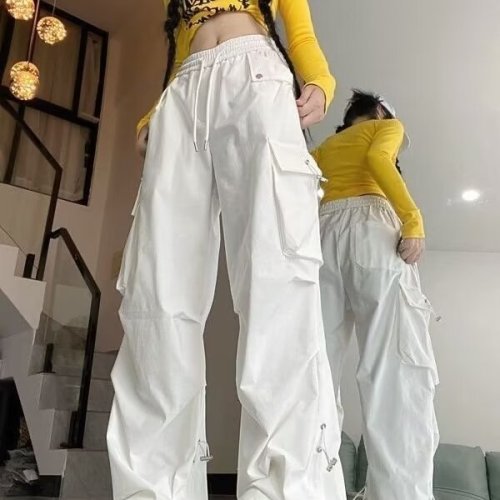American retro white overalls for women in spring and summer new style high-waisted slim loose straight wide-leg casual long pants