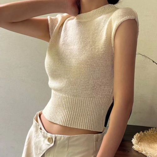 夏季韩系圆领套头无袖显瘦2024薄款纯色针织镂空露背背心上衣女