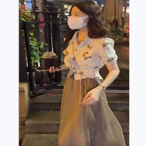 法式时尚甜美短款刺绣上衣女夏季新款设计感短袖衬衣半身裙两件套