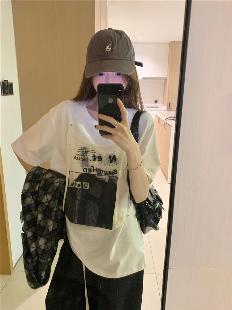 Actual shot ~ Detachable printed white short-sleeved T-shirt for women with summer design niche loose round neck top