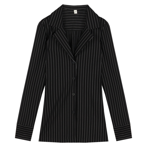 Black Striped Long-Sleeve Women's Shirt Spring 2024 New Style Elegant Fitted V-Neck Blouse with Waist-Clinching Medium-Length Top
