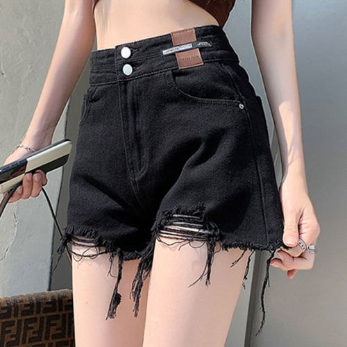 Versatile ripped denim shorts for women spring and summer new ins trendy casual raw edge hot pants high waist a line wide leg jeans