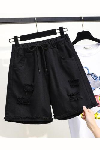 Actual shot of summer new large size black ripped denim shorts women's loose fat mm high waist hot pants wide leg pants