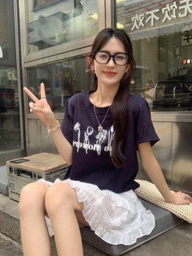 实拍~ 夏季新款可盐可甜韩版印花短袖T恤+气质减龄仙女半裙两件套
