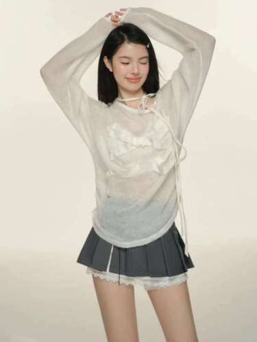 原创设计白色蝴蝶结系带纯欲微透针织长袖罩衫T恤女