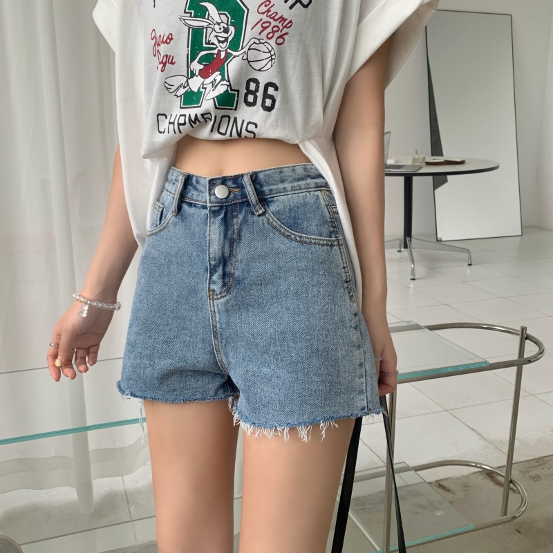 145 small denim wide leg shorts for women 150cm high waist, simple and versatile raw edge hot pants xxs size summer