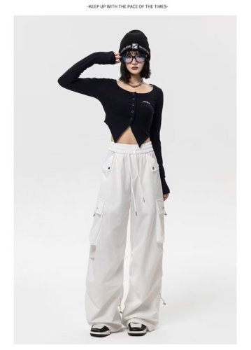 American retro white overalls for women in spring and summer new style high-waisted slim loose straight wide-leg casual long pants
