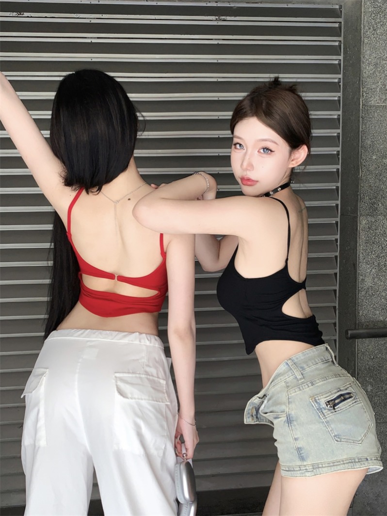 Real shot ~ Hollow vest women's 2024 new summer outer wear suspender curved hem sleeveless backless top
