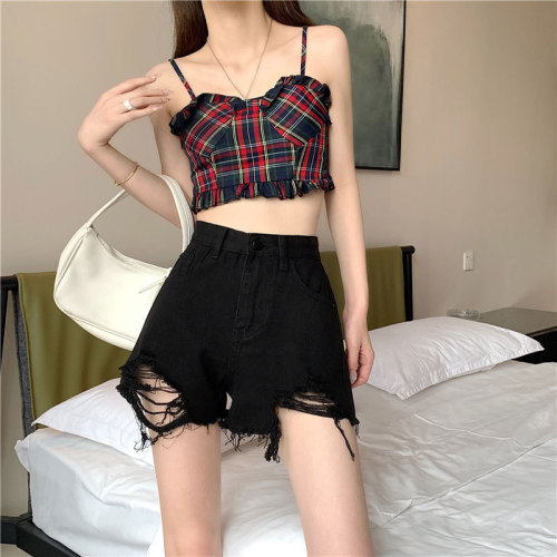 Denim shorts for women, high waist, internet celebrity, ins style, Korean version, versatile, loose, ripped, wide-legged, large size, raw edges, a-line hot pants