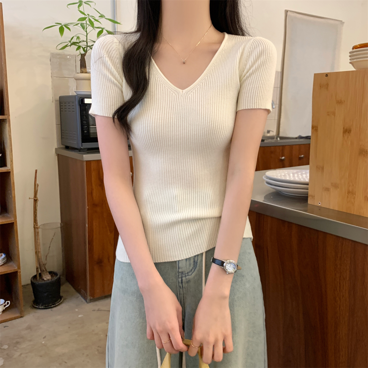 實拍 夏季韓版修身v領純色簡約百搭安迪絨針織短袖上衣女
