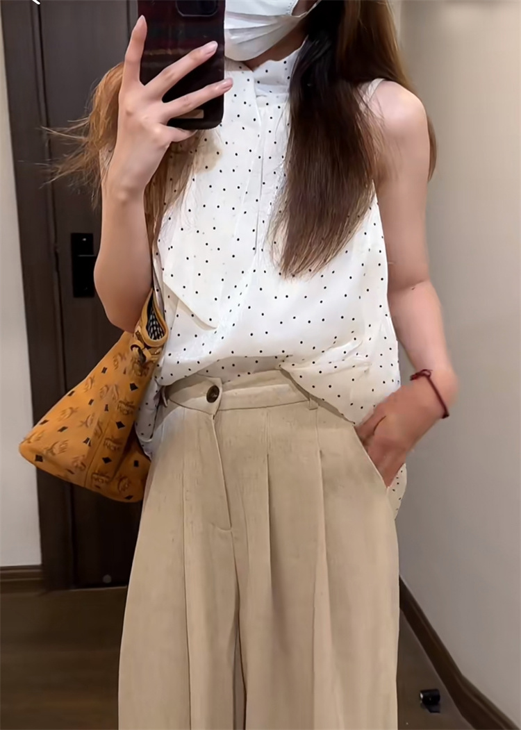 實拍設計感蝴蝶結掛脖無袖背心女夏小眾寬鬆外穿波點上衣