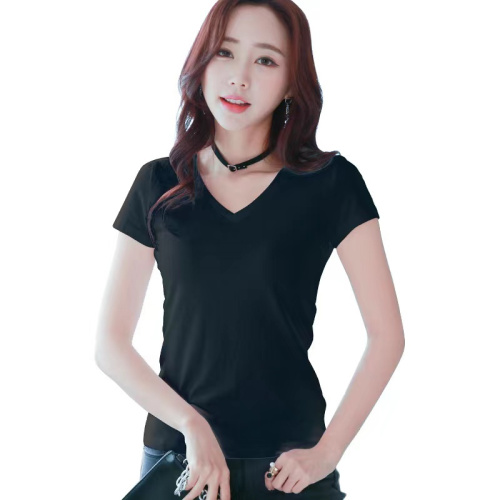 Summer Korean style slim-fitting women's short-sleeved black and white slimming bottoming shirt solid color V-neck T-shirt half-sleeved top for women