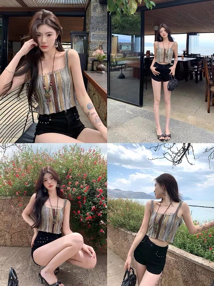 甜辣彩虹拼色修身針織小吊帶女夏季設計感小眾純欲氛圍感小上衣