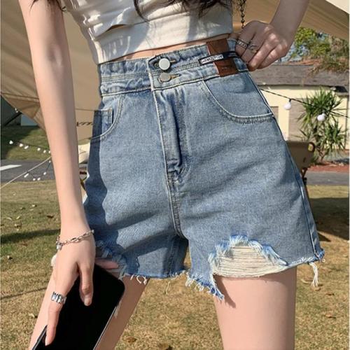 Versatile ripped denim shorts for women spring and summer new ins trendy casual raw edge hot pants high waist a line wide leg jeans