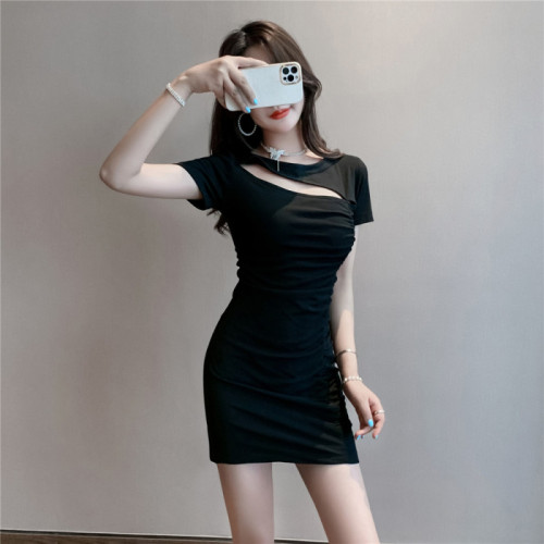 Actual shot of light and mature temperament pleated and discreet hollow out slim fit hip-hugging dress