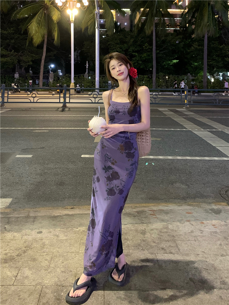 Real shot~Thrilling Night French waist slimming purple dress