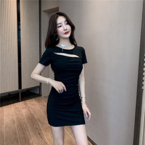 Actual shot of light and mature temperament pleated and discreet hollow out slim fit hip-hugging dress