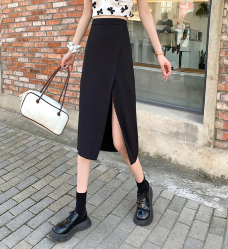 Real shot~High slit skirt for women 2024 summer versatile slimming high waist mid-length black skirt thin