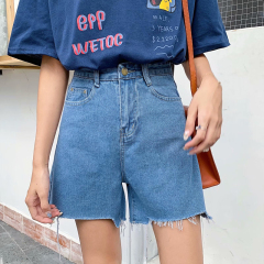 Real shot of cat whiskers washed three-quarter pants solid color high-waisted large size jeans for women with design sense of loose fat mm shorts for women