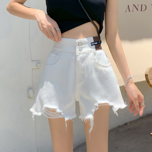 Versatile ripped denim shorts for women spring and summer new ins trendy casual raw edge hot pants high waist a line wide leg jeans