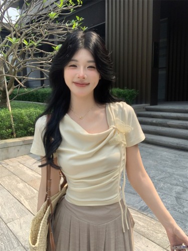 夏季新款韩版修身蝴蝶系带斜领显瘦百搭套头短袖上衣实拍