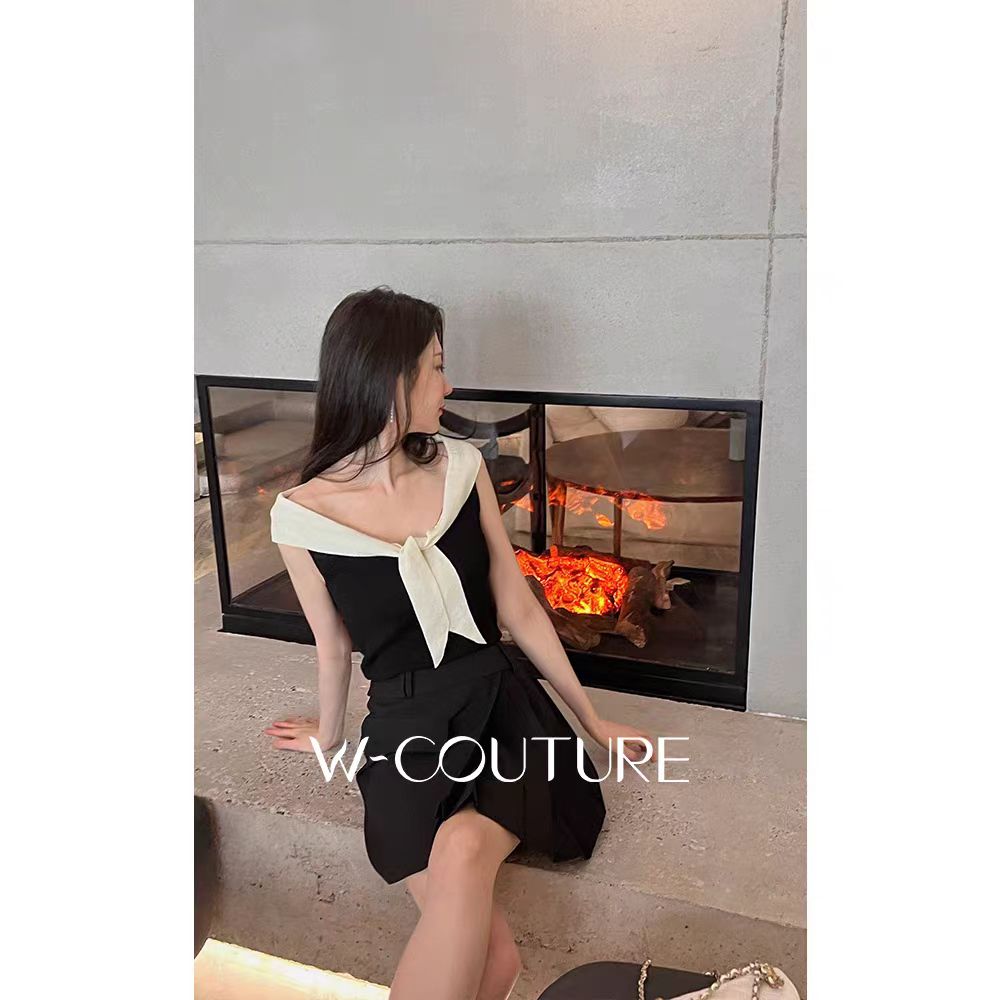 French one-shoulder bow sleeveless t-shirt for women with niche design, short knitted top for summer pure and sweet girls