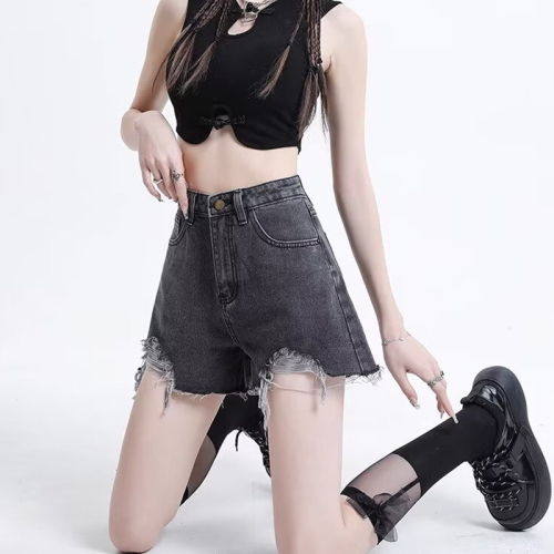 Spring and summer new style loose ripped denim shorts for women high-waisted and slim A-line hot girls loose raw edge denim hot pants