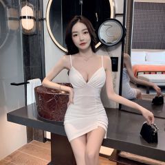 Real shot of nightclub V-neck low-cut slim-fitting butt-covering short skirt sexy slim-fitting slit suspender dress
