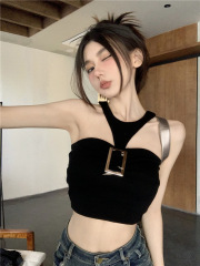 純欲風掛脖黑色小背心女裝2024夏季辣妹修身外穿短款露臍上衣ins~