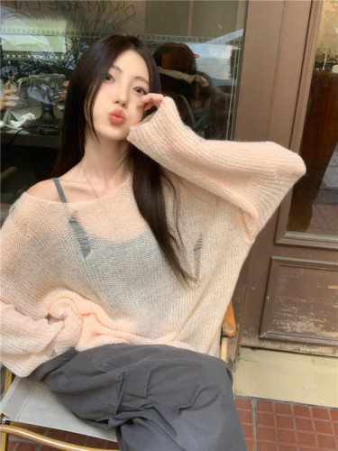 Actual shot spring~thin long-sleeved lazy style soft and waxy retro hollow knitted pullover blouse