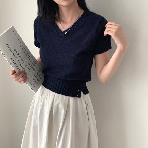 韩国chic夏季百搭设计感纽扣V领短袖针织衫上衣女