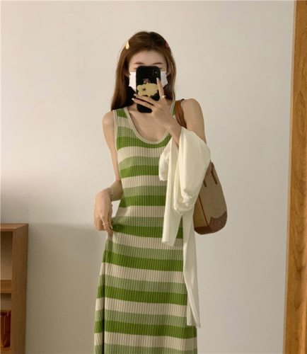 Real shot Spring~2024 Korean style contrast striped vest dress casual slimming knitted skirt