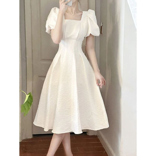 法式初恋白色大摆长裙子夏季女装方领收腰显瘦气质连衣裙子