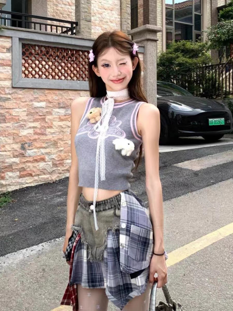 美式復古灰粉撞色背心女夏季新款甜酷辣妹設計感小眾修身內搭上衣
