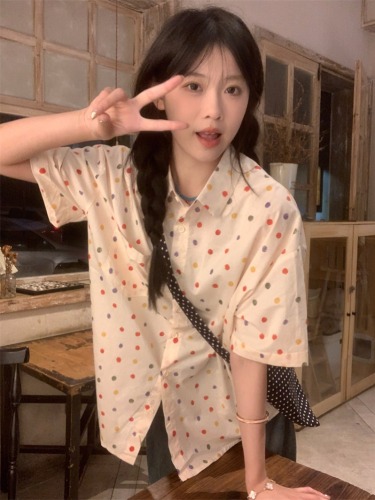 Real shot ~ Cute and sweet colorful polka dot shirt short-sleeved shirt floral cute top